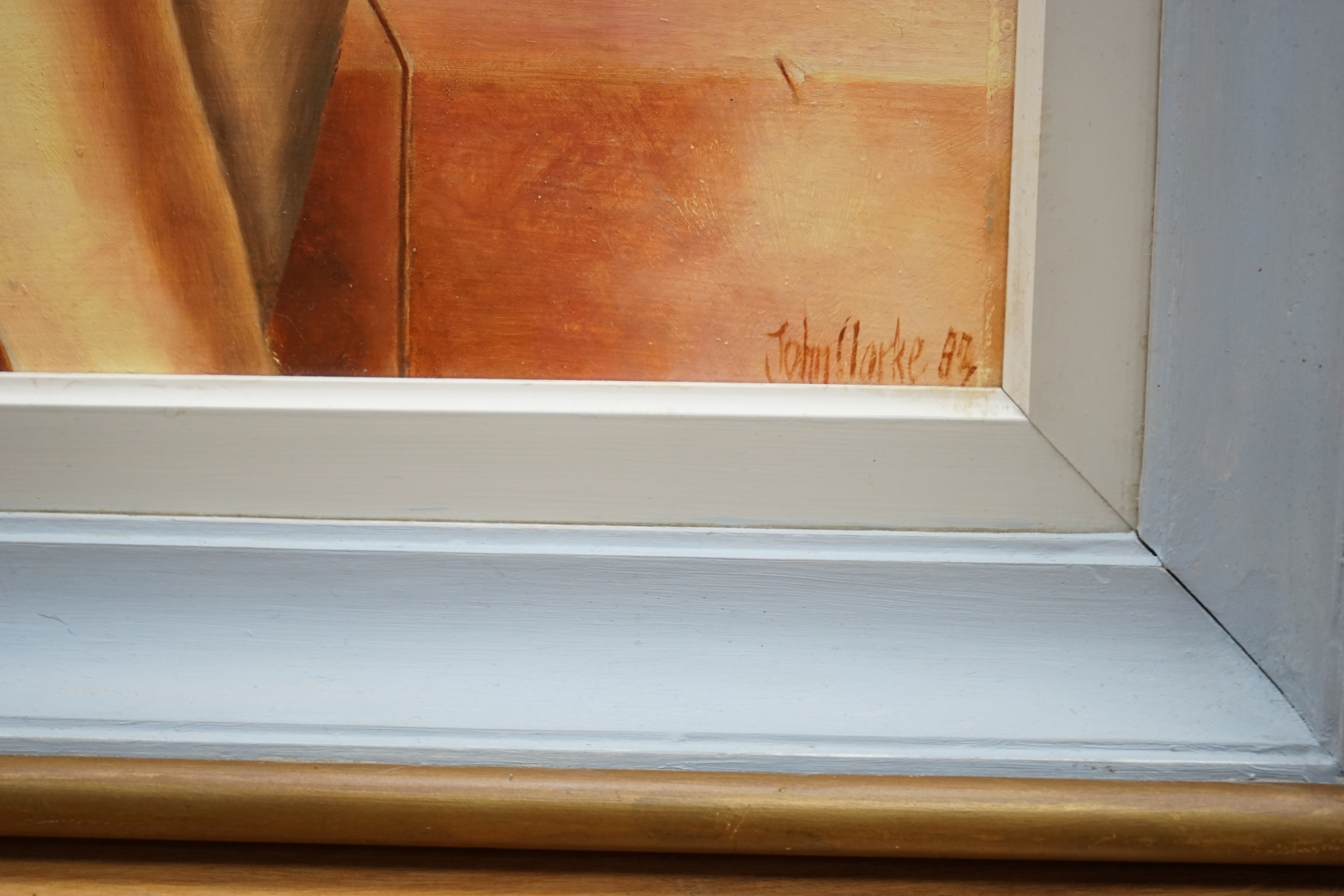 John Clarke (20th. C), oil on board, 'Black Magic', signed and dated '83, inscribed 'Study Magritte', Exhibition details verso, 49 x 39cm